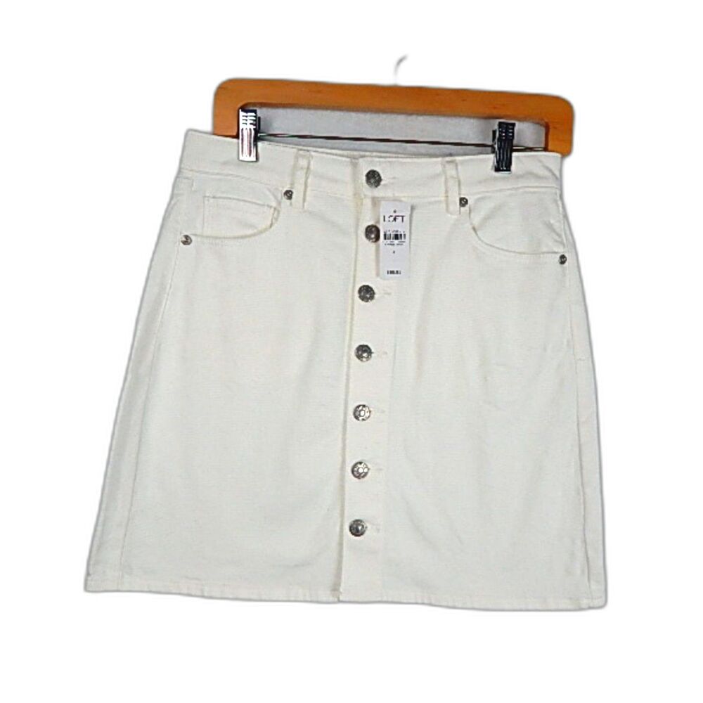 LOFT White Button Denim Mini Skirt NWT Coastal Hamptons Preppy Casual Chic ALine
